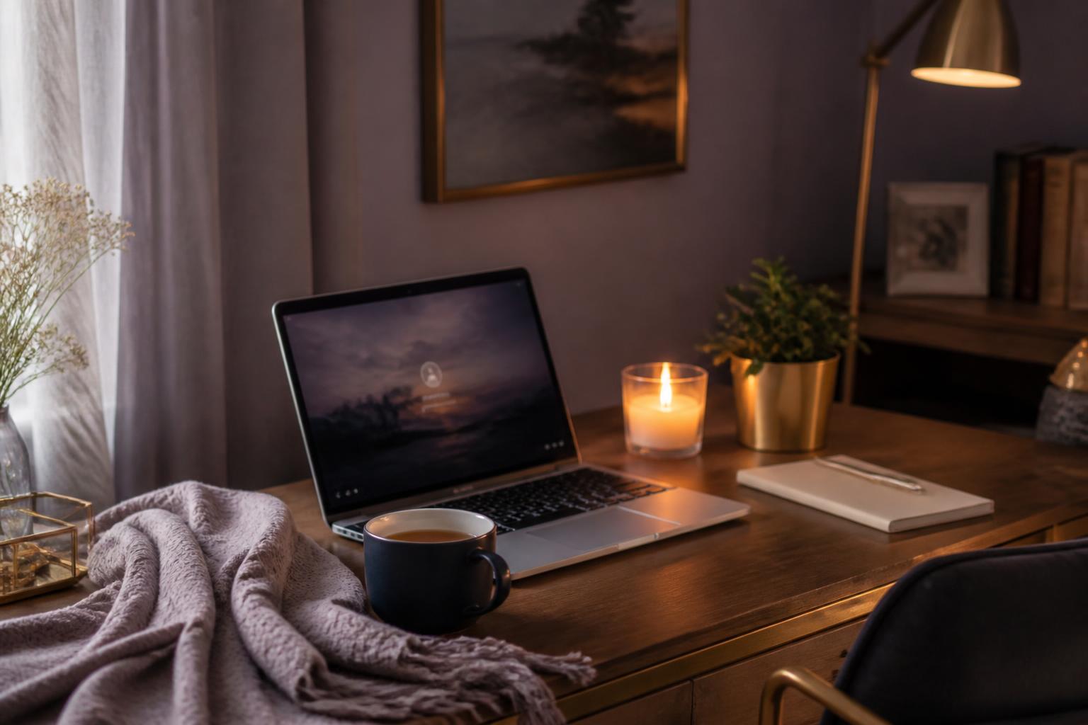 Cozy desk set up for a Zoom spiritual session