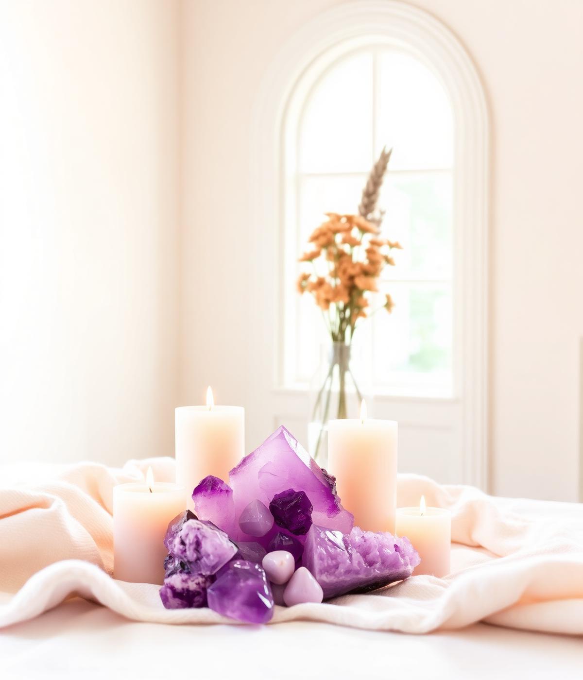 A peaceful spiritual sanctuary with crystals and candles