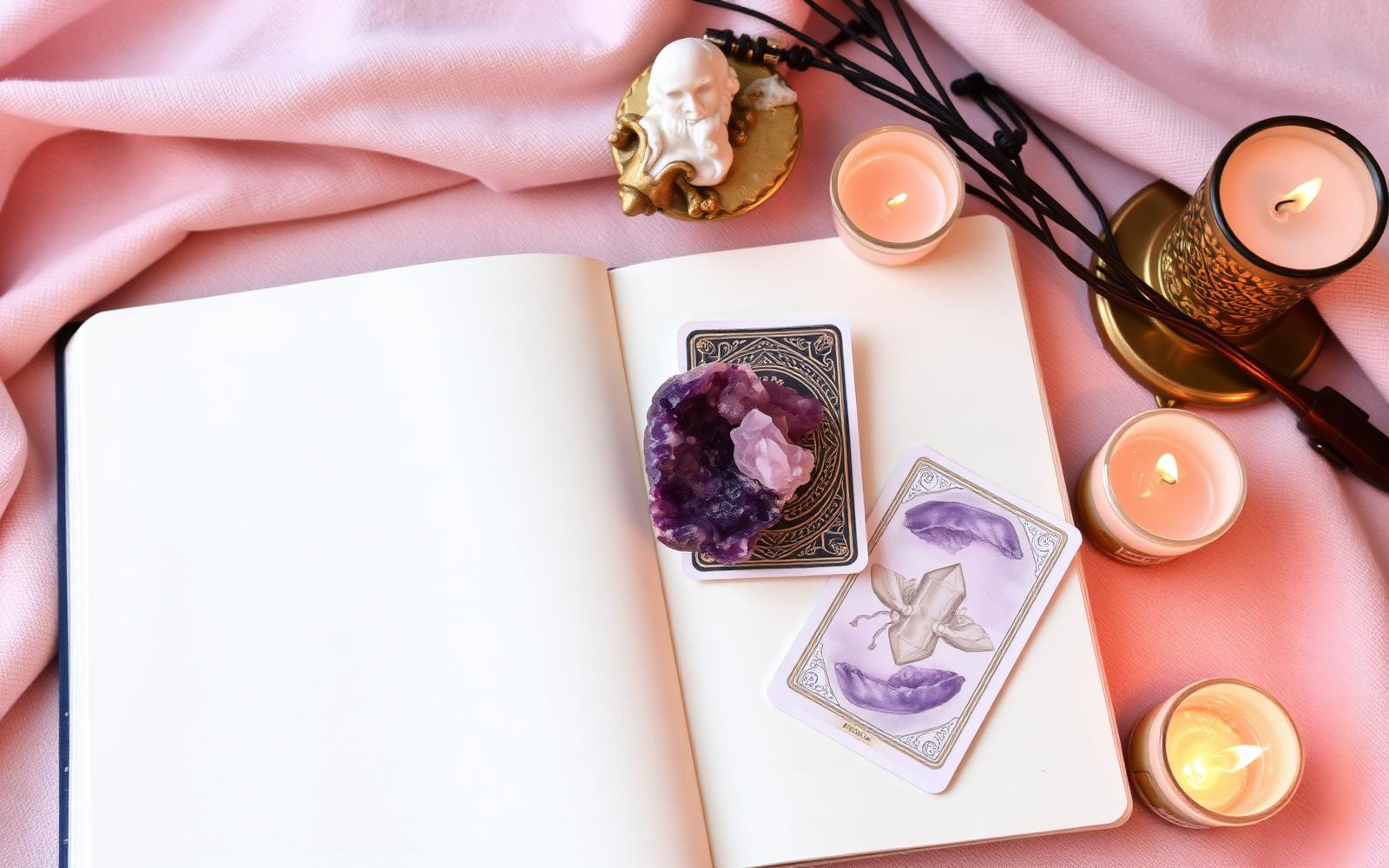 Open journal with crystals and tarot cards