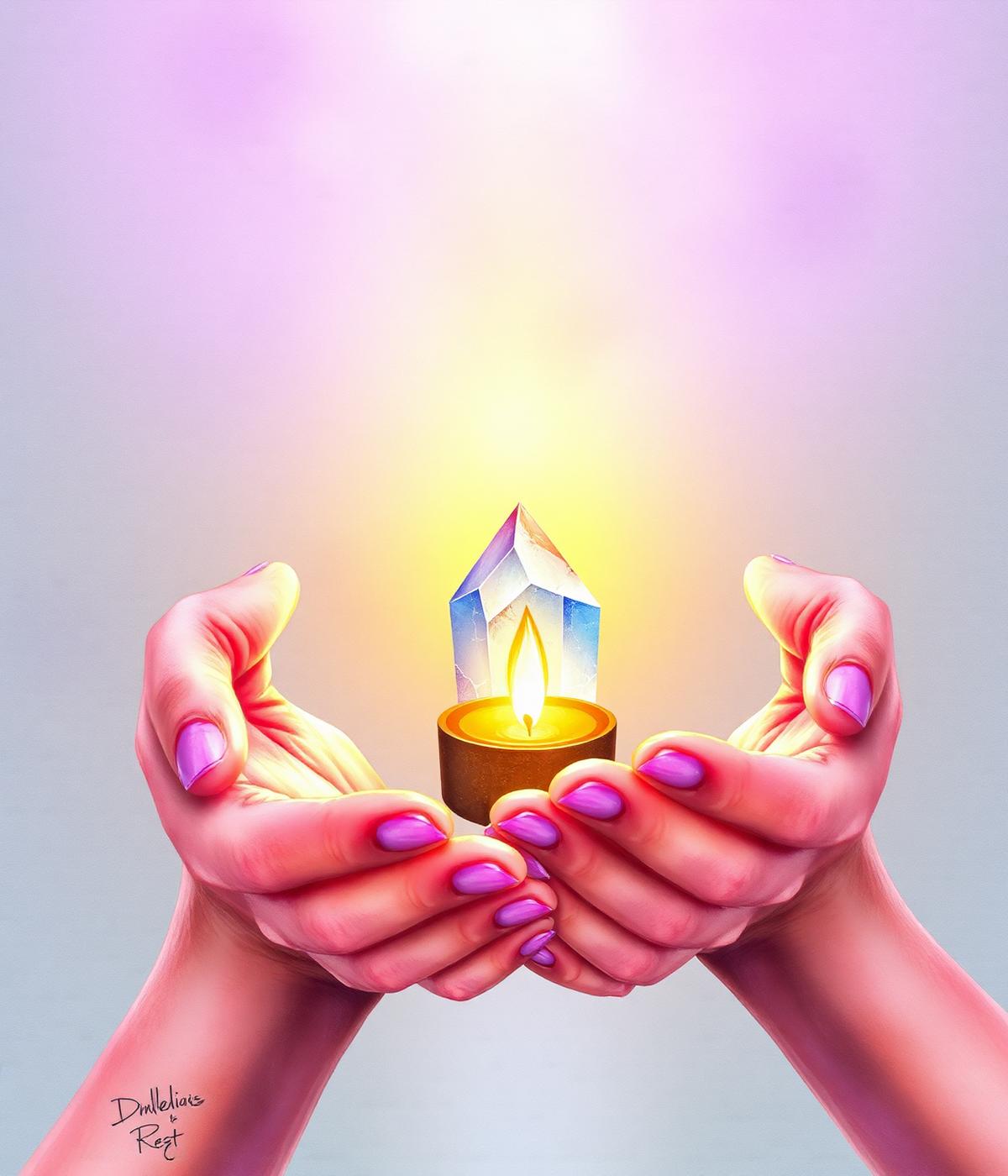 Hands holding a glowing crystal